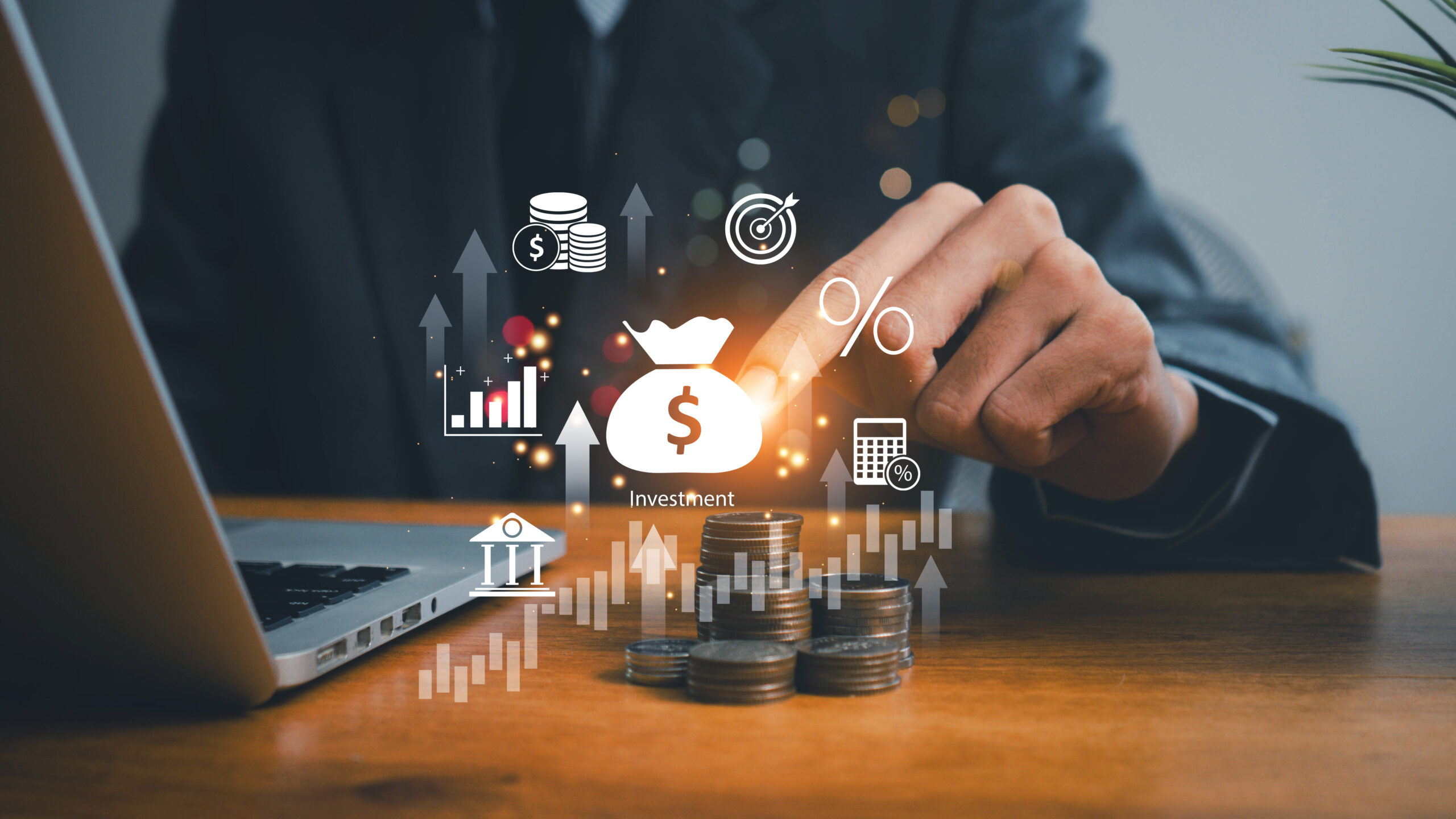 finance and investment concept, invest money, fundraising, ROI return on investment, Interest rate and dividend concept, Businessman is calculating income and return on investment in percentage.